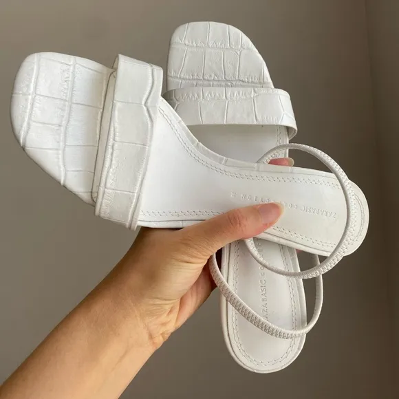 Zara Animal White Leather High Heeled Elastic Slingback Sandal size 38 / 7.5