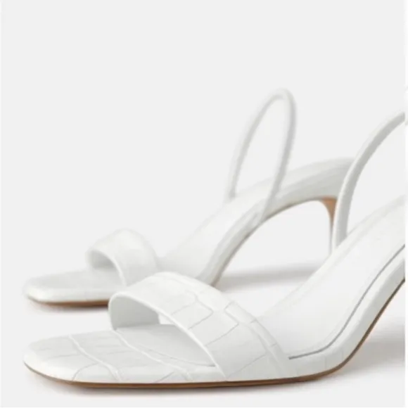 Zara Animal White Leather High Heeled Elastic Slingback Sandal size 38 / 7.5