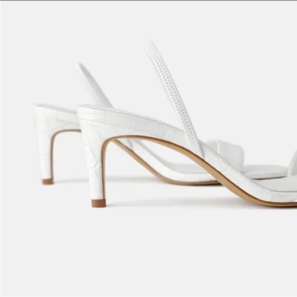 Zara Animal White Leather High Heeled Elastic Slingback Sandal size 38 / 7.5