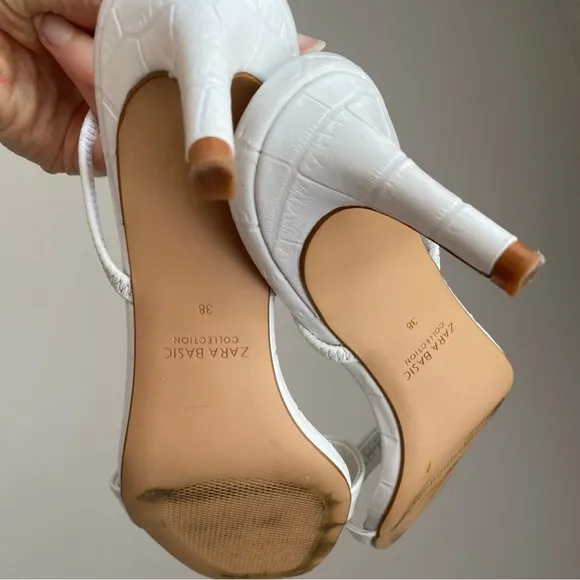 Zara Animal White Leather High Heeled Elastic Slingback Sandal size 38 / 7.5