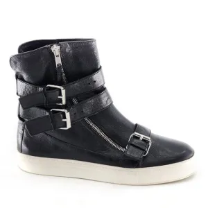 ZARA Black Leather High Top Sneakers Leather Buckles Zip
