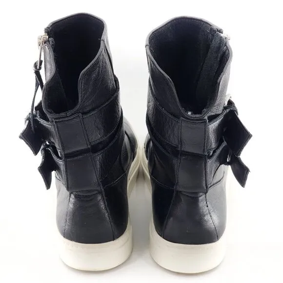 ZARA Black Leather High Top Sneakers Leather Buckles Zip