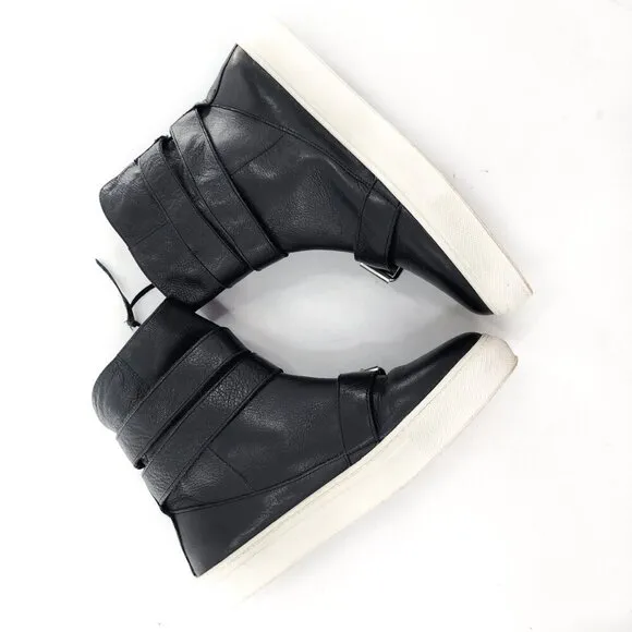 ZARA Black Leather High Top Sneakers Leather Buckles Zip