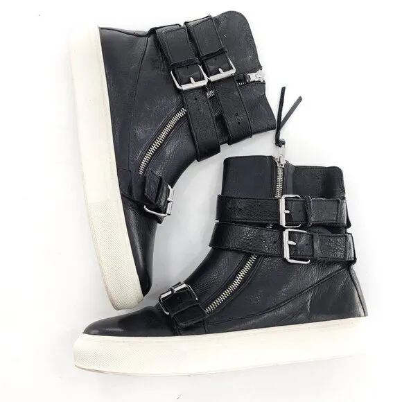 ZARA Black Leather High Top Sneakers Leather Buckles Zip