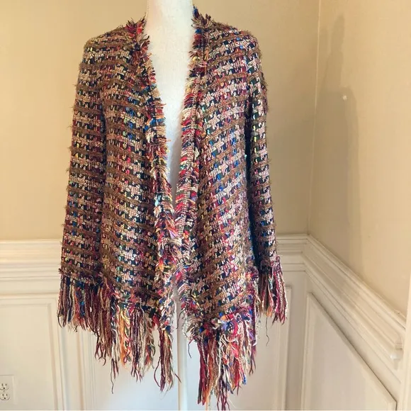 ZARA Brown Red Colorful Tweed Fringe Open Cardigan Sweater Jacket
