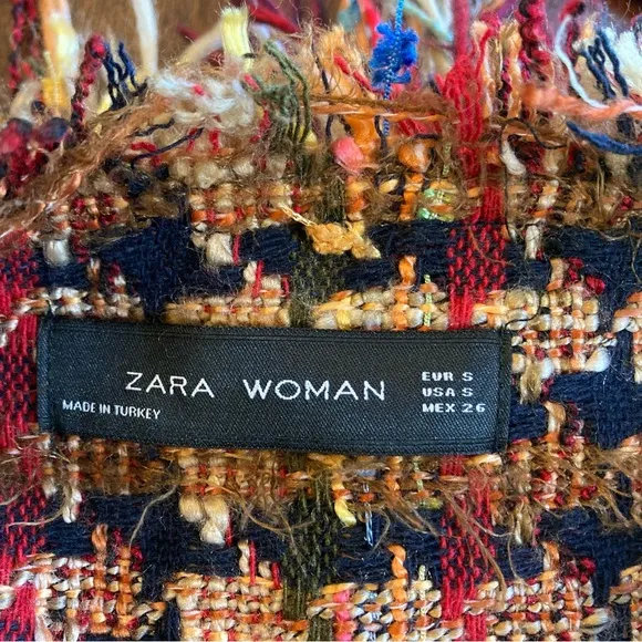 ZARA Brown Red Colorful Tweed Fringe Open Cardigan Sweater Jacket