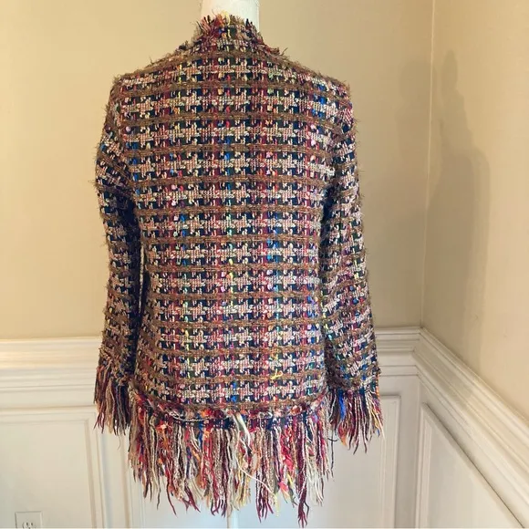 ZARA Brown Red Colorful Tweed Fringe Open Cardigan Sweater Jacket