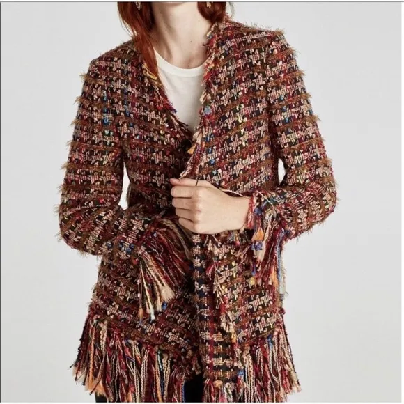 ZARA Brown Red Colorful Tweed Fringe Open Cardigan Sweater Jacket
