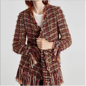 ZARA Brown Red Colorful Tweed Fringe Open Cardigan Sweater Jacket