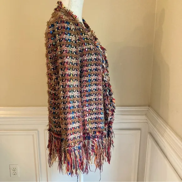 ZARA Brown Red Colorful Tweed Fringe Open Cardigan Sweater Jacket