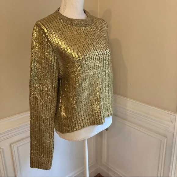 ZARA Gold Metallic Foil Polyamide Cable Knit Sweater