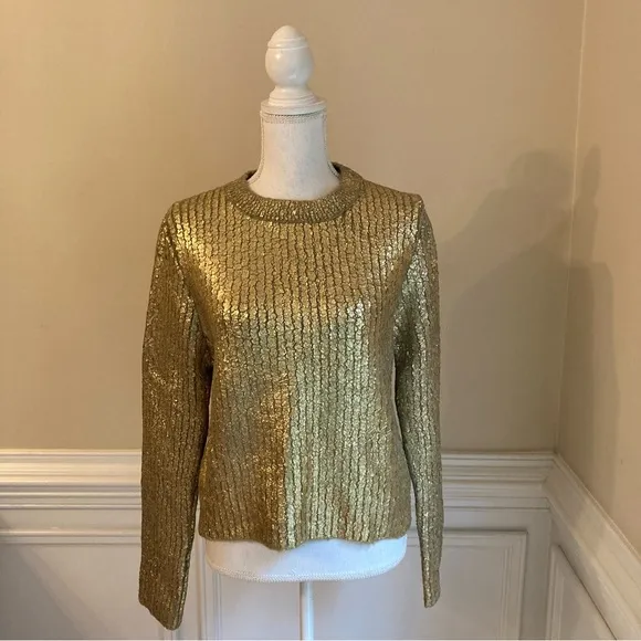 ZARA Gold Metallic Foil Polyamide Cable Knit Sweater
