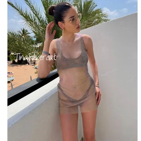 Zara Rhinestone Mesh Mini Dress Glass NWT