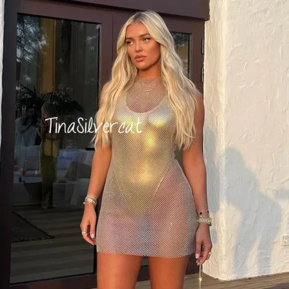 Zara Rhinestone Mesh Mini Dress Glass NWT