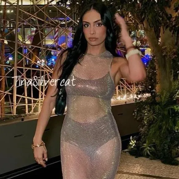 Zara Rhinestone Mesh Mini Dress Glass NWT