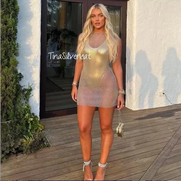 Zara Rhinestone Mesh Mini Dress Glass NWT