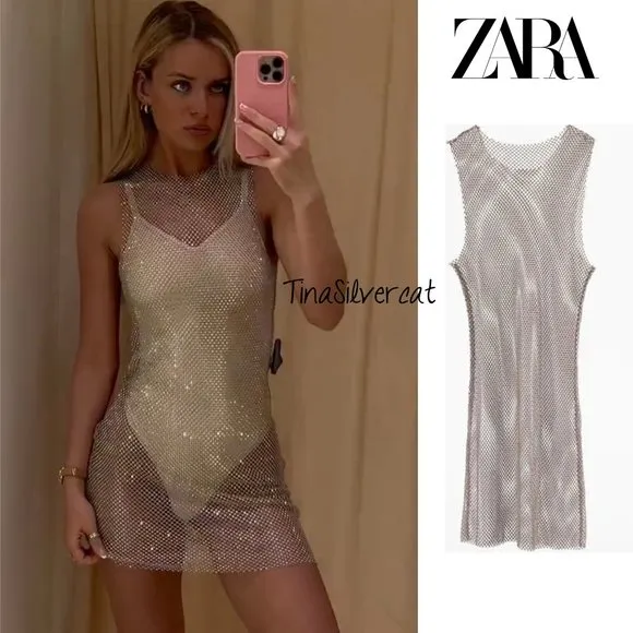 Zara Rhinestone Mesh Mini Dress Glass NWT