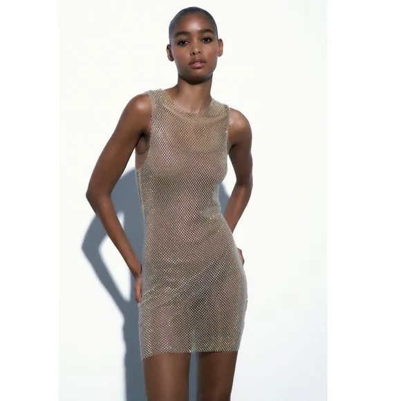 Zara Rhinestone Mesh Mini Dress Glass NWT