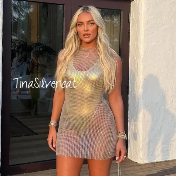 Zara Rhinestone Mesh Mini Dress Glass NWT