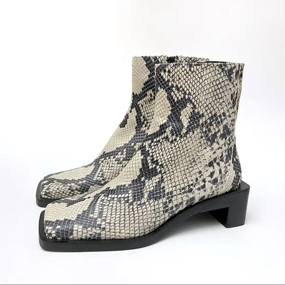 Zara Snakeskin Print Leather Square Toe Boots