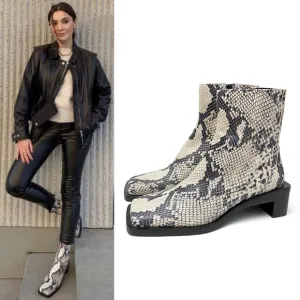 Zara Snakeskin Print Leather Square Toe Boots