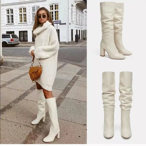 ZARA SQUARE TOE HIGH HEELED GENUINE LEATHER BOOTS
