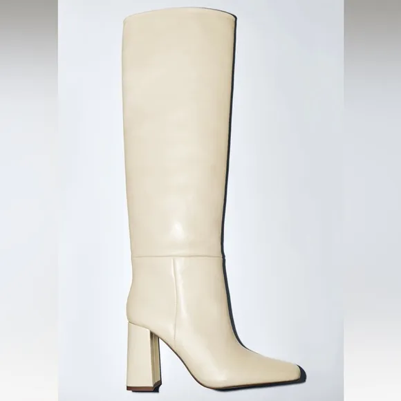 ZARA SQUARE TOE HIGH HEELED GENUINE LEATHER BOOTS