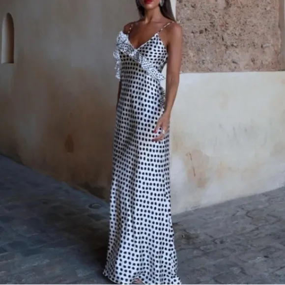 ZARA White Black Polka Dot Satin Open Back Ruffle Maxi Slip Cami Dress NWT