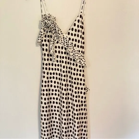 ZARA White Black Polka Dot Satin Open Back Ruffle Maxi Slip Cami Dress NWT