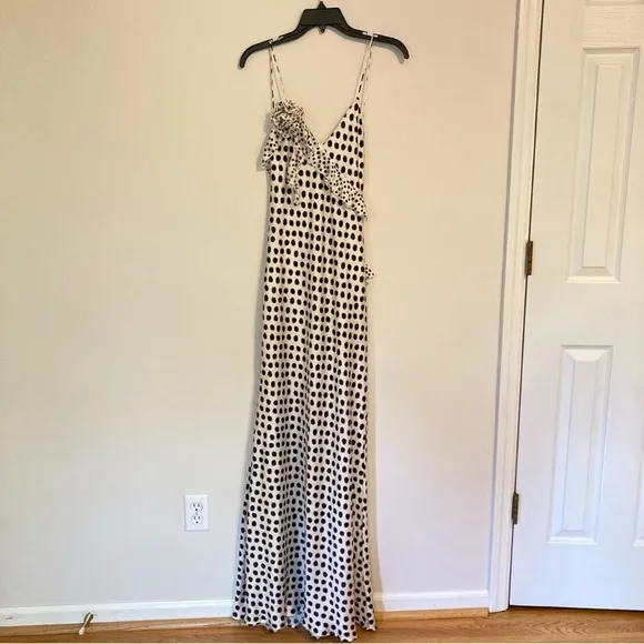 ZARA White Black Polka Dot Satin Open Back Ruffle Maxi Slip Cami Dress NWT