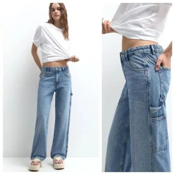 Zara Carpenter Y2K Super High Rise Baggy Wide Leg Rigid Denim Utility Jeans 6