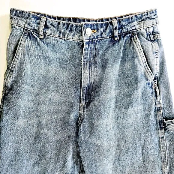 Zara Carpenter Y2K Super High Rise Baggy Wide Leg Rigid Denim Utility Jeans 6
